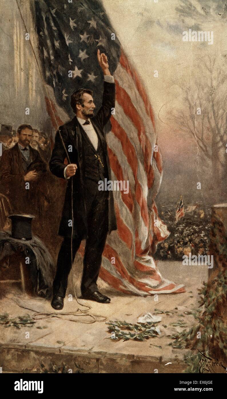 Gemälde von Präsident Abraham Lincoln (1809-1865) vor der amerikanischen Flagge steht. Datiert 1908 Stockfoto