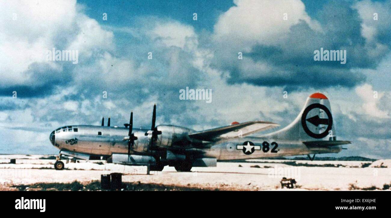 Enola Gay Boeing b-29 auf 6. August 1945, während der Endphase des zweiten Weltkriegs, wurde das erste Flugzeug, eine Atombombe zu fallen. Die Bombe, mit dem Codenamen "Little Boy", richtete sich an die Stadt Hiroshima, Japan Stockfoto