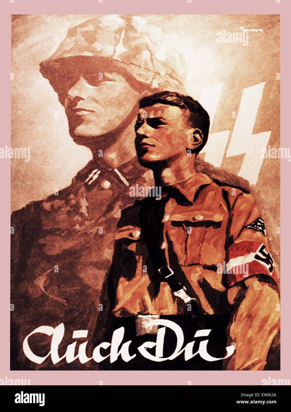 Propagandaplakat: Auch Du. Waffen SS Anwerbungskarte von Ottomar Anton für die Hitler-Jugend Stockfoto
