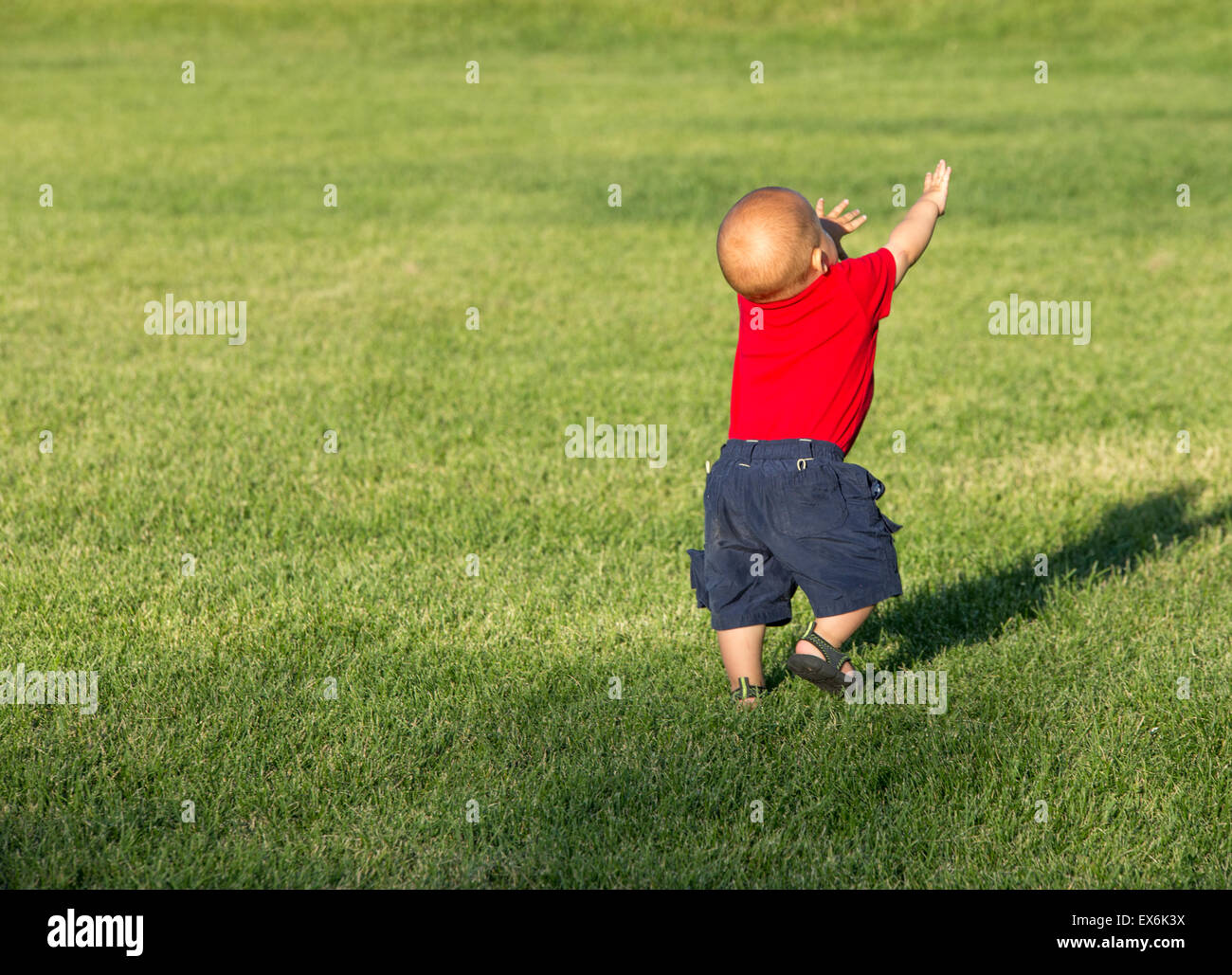 Kleinen Jungen 12 Monate alt, in einem Park spazieren. Stockfoto