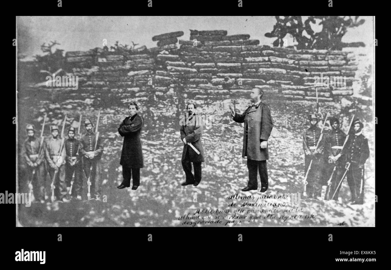 Überlagerten Foto von Kaiser Maximilian von Mexiko, Tomás Mejía, und Miguel Miramón von Mexiko und das Erschießungskommando, das sie erschossen. Vom Jahre 1867 Stockfoto