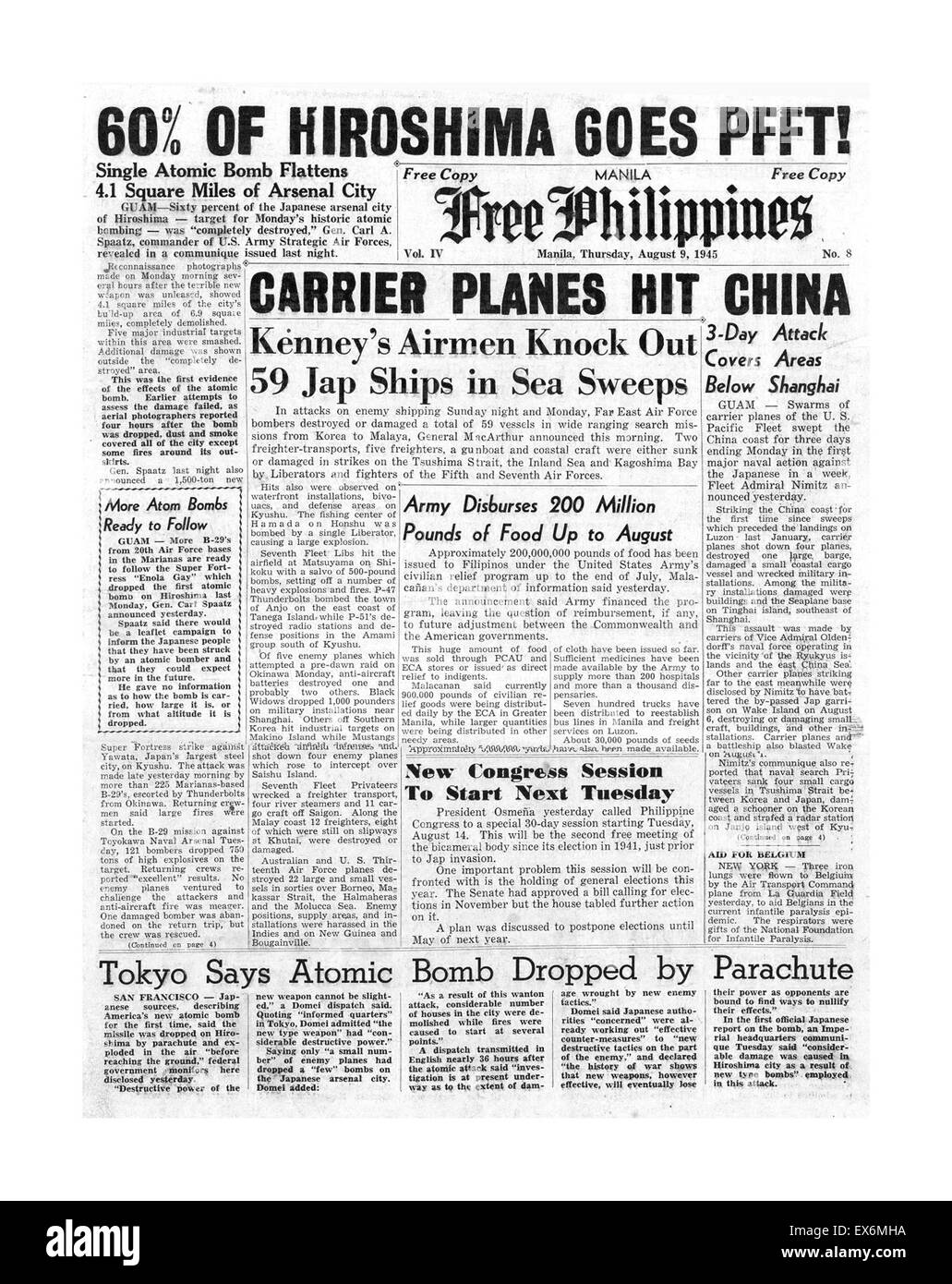 Überschrift Titelseite auf der "Freien Philippinen" Zeitung der 9. August 1945 beschreibt die Atom-Bombe auf Hiroshima in Japan am Ende von Weltkrieg zwei Stockfoto