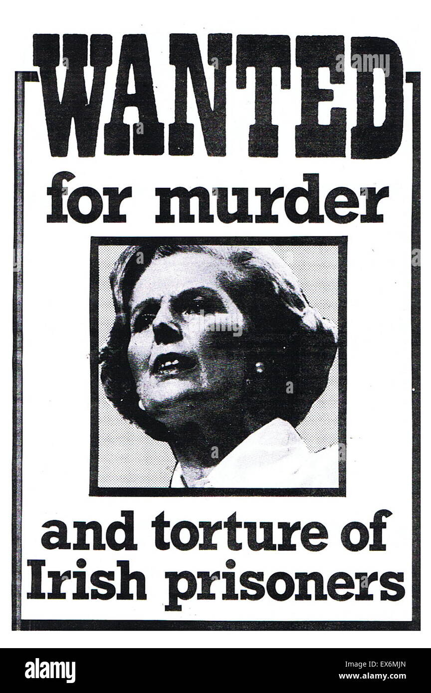 Wollte wegen Mordes. Ein 80er Jahre Poster Angriff auf britische Premierministerin Margaret Thatcher über die Unruhen in Nordirland Stockfoto