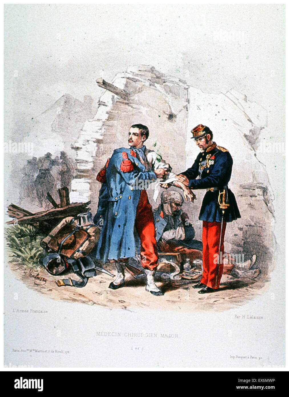 Druck, unter dem Titel "Médecin Chirurgien Major' (Arzt Chirurg Major), ist eine Hand farbige Lithographie von Hippolyte Lalaisse in den 1840er Jahren gemacht Stockfoto