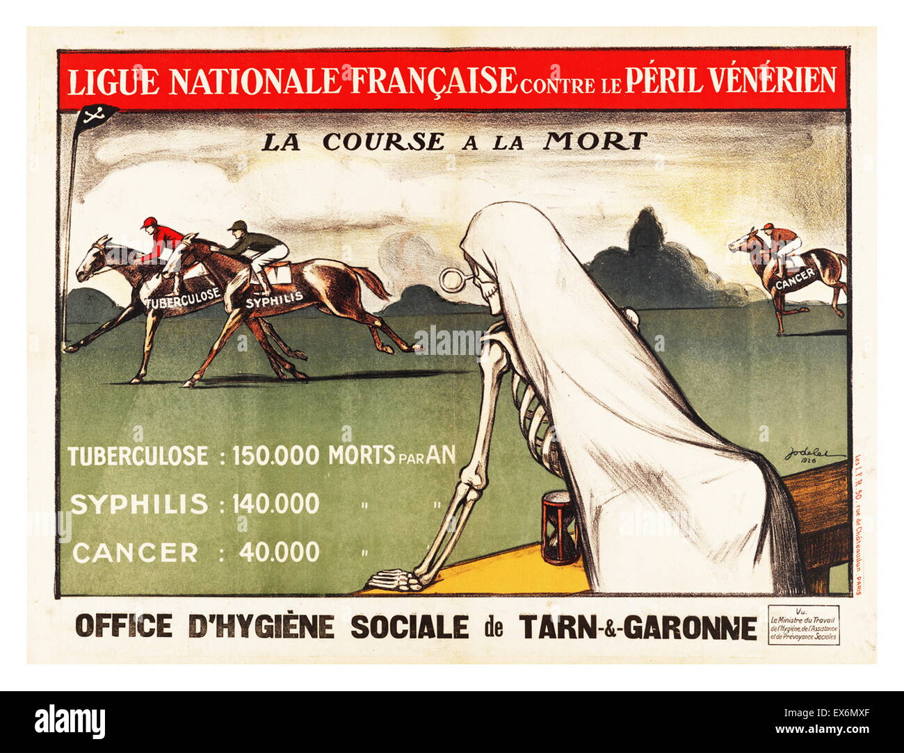 Ligue Nationale Française Contre le Peril Vénérién, Frankreich, ca. 1926. Tod-Uhren ein Vollblut-Rennen von tödlichen Krankheiten. Die folgenden Statistiken vergleichen die jährlichen Sterblichkeitsraten von Tuberkulose, Syphilis und Krebs Stockfoto