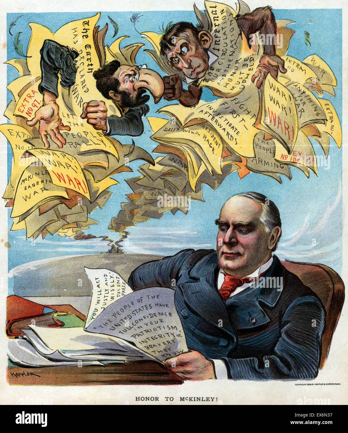 Farblitho print Darstellung von Joseph Pulitzer und ein Affe als Herausgeber der gelben Journalismus Zeitung mit Schlagzeilen, die Forderung nach einer Kriegserklärung. Inzwischen Präsident William McKinley liest ein Papier besagt "das Volk der Vereinigten Staaten haben voll Stockfoto