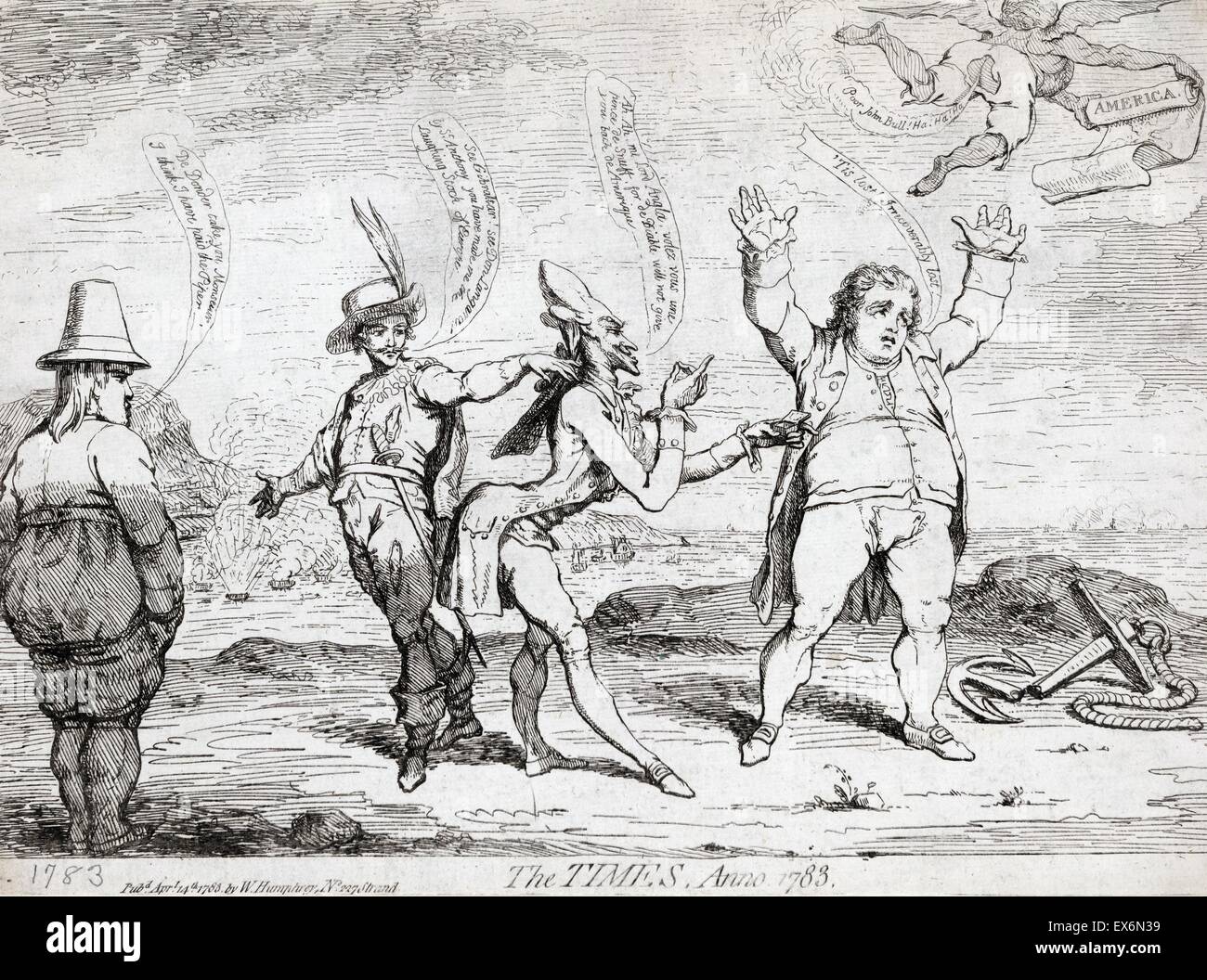 Satirische Radierung von James Gillray unterzeichnet (1756-1815) über den Vertrag von Paris, am Ende der amerikanischen Revolution sowie der Spanische Erbfolgekrieg gleichzeitig in Europa geführt wurde. Datierte 1784 Stockfoto