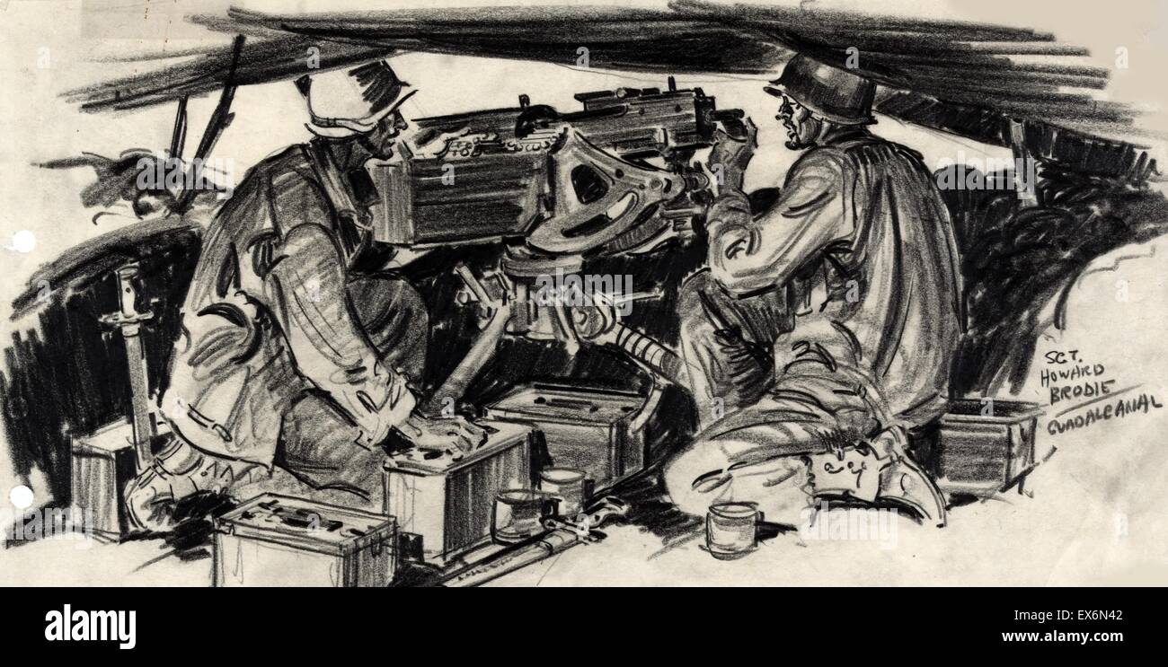 Graphit Zeichnung Darstellung zwei Soldaten - John Minihan von Rockford, Illinois und Sal de George von Manhattan - Betrieb eine Maschinengewehr während der Schlacht von Guadalcanal, Weltkrieg zwei. Durch Howard Brodie (1915-2010) datiert 1942 Stockfoto
