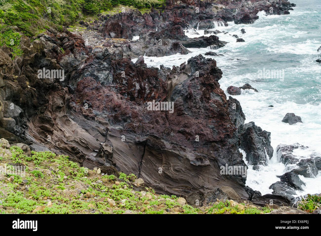 Vulkanische Felsen in der Nähe der Olle Kurs Nr. 6 in Insel Jeju, Korea. Stockfoto