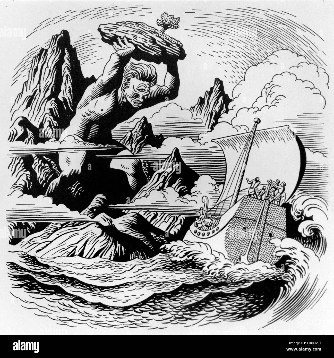 Polyphem schleuderte einen Stein auf Odysseus Schiff Stockfoto