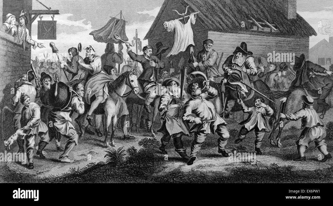 Kupferstich von britischen Künstlers & Graveur, William Hogarth 1697-1764: Frontispiz, Samuel Butler "Hudibras", eine satirische Polemik auf Rundköpfen, Puritanern, Presbyterianern und viele der anderen Fraktionen im englischen Bürgerkrieg beteiligt Stockfoto