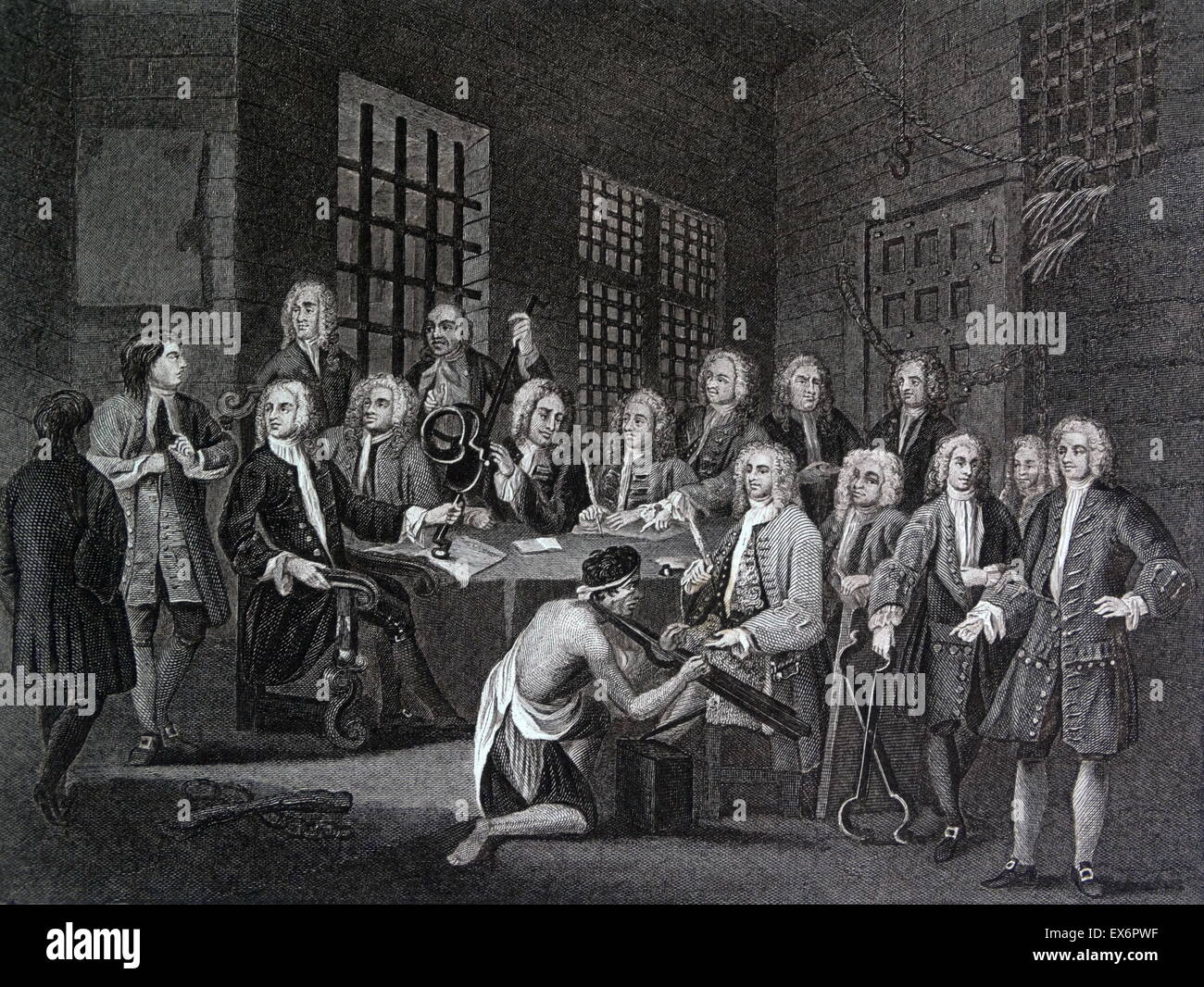 Kupferstich von britischen Künstlers & Graveur, William Hogarth 1697-1764: Bambridge vor Gericht wegen Mordes durch einen Ausschuss des House Of Commons, gestochen von Thomas Cook 1803 Stockfoto