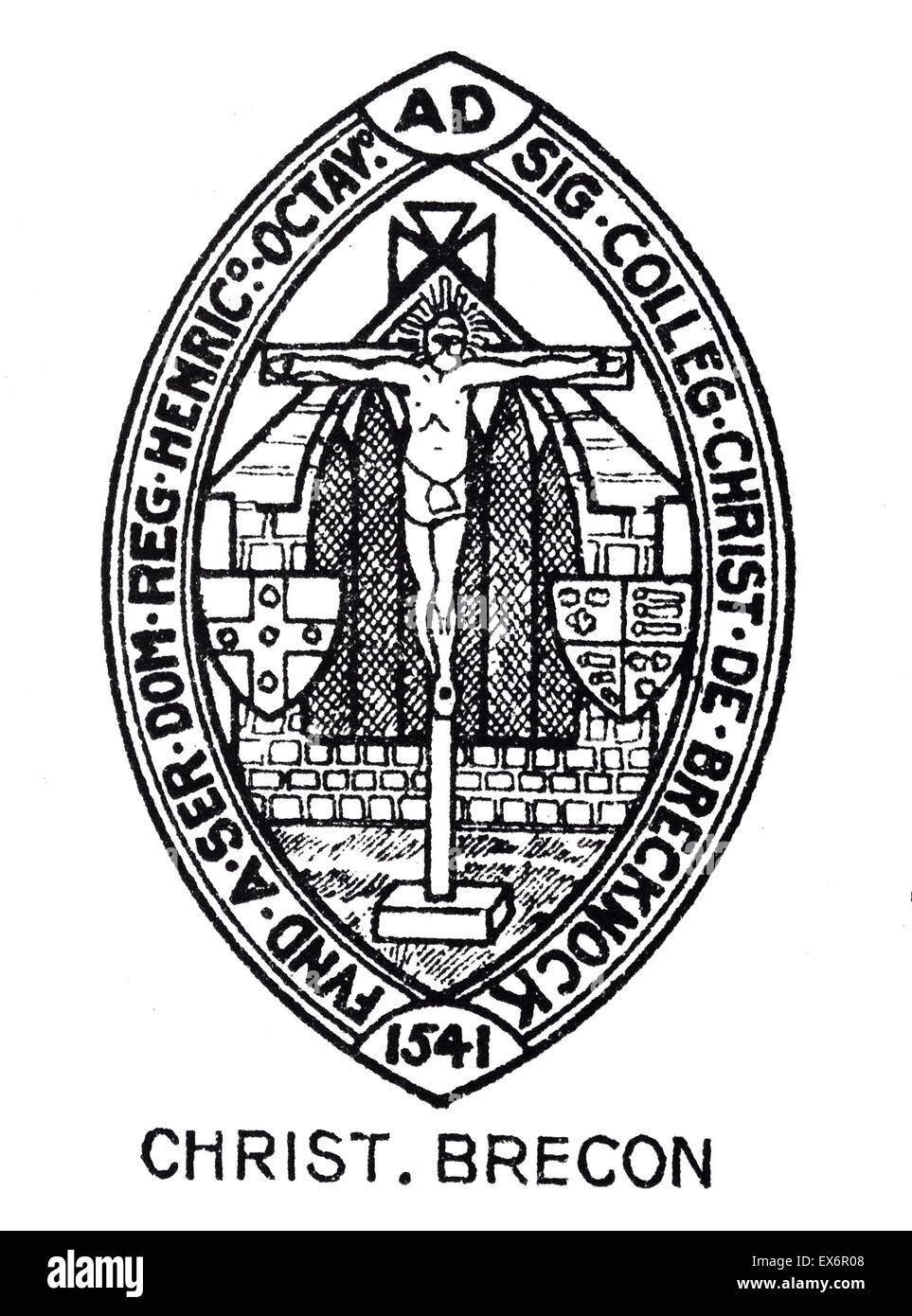 Emblem von 1938 von Christ College, Brecon ist eine koedukative, boarding und Tag unabhängige Schule, befindet sich in der Marktstadt von Brecon in Mid-Wales. Christ College wurde im Jahr 1541 von König Henry VIII durch königliche Charter gegründet. Stockfoto