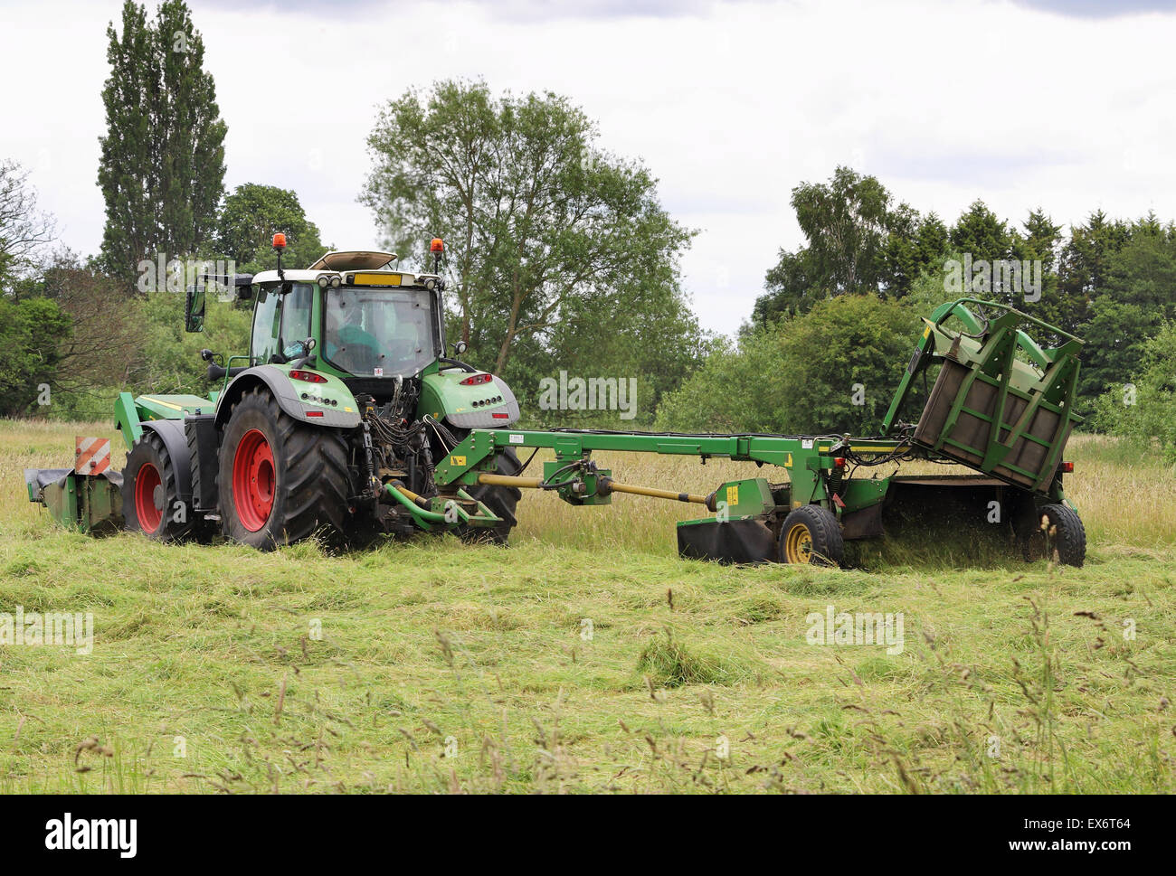 Traktor mit Rasen mähen Rasen in einem Feld Stockfoto