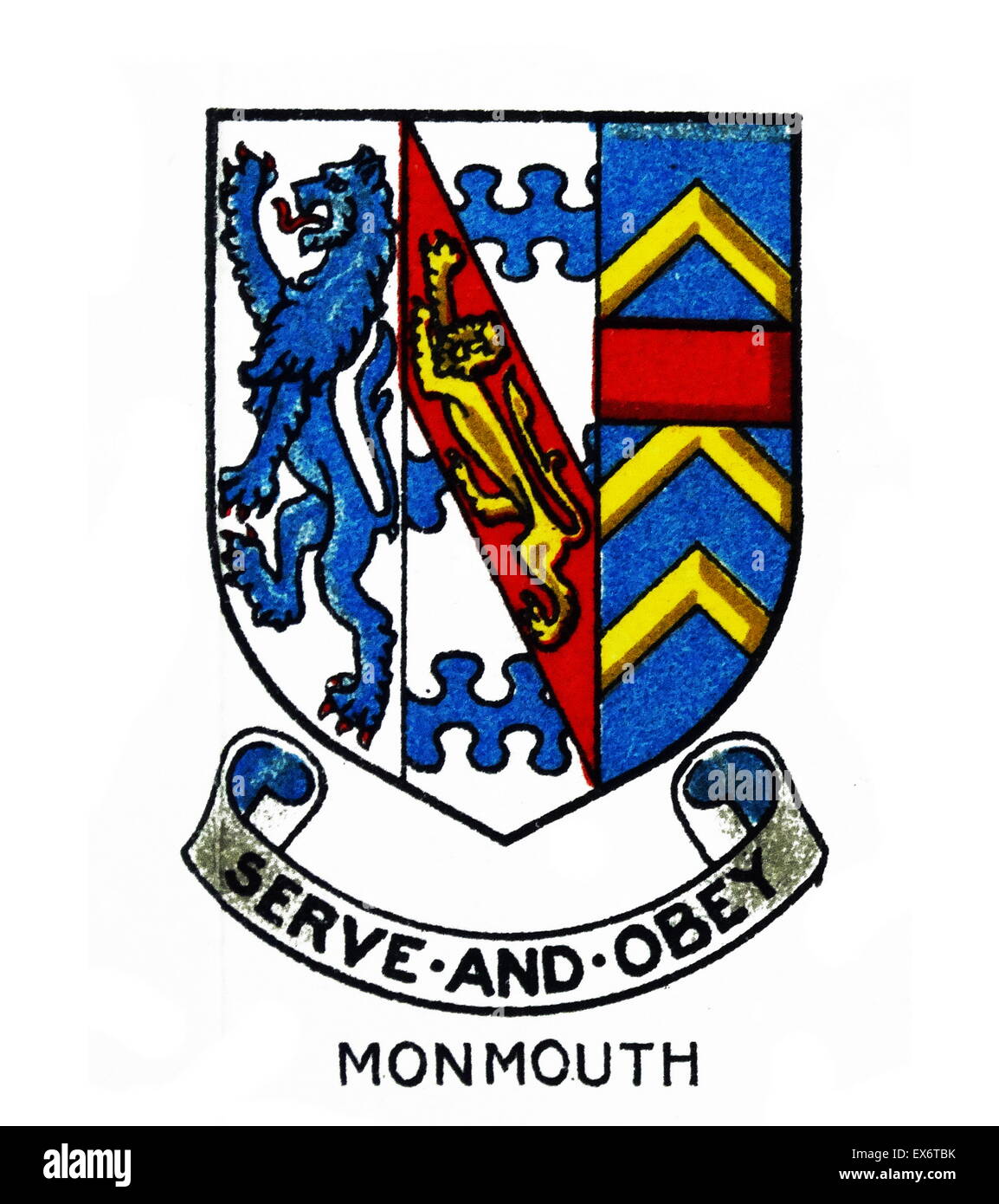 Emblem, datiert 1938 für Monmouth School ist eine HMC Jungen Internat und Tagesschule in Monmouth, Monmouthshire in Wales Süd-Ost. Es wurde im Jahre 1614 von William Jones gegründet. Es ist als Vertrauen, die William Jones-Schulen-Stiftung, von der Worshipful Company geführt. Stockfoto