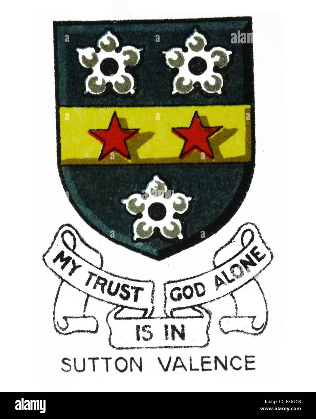 Emblem für Sutton Valence, Maidstone, Kent, Sutton Valence School, eine Privatschule in der Nähe von Maidstone in Südostengland. Es ist eine koedukative Schule mit einem boarding-Option. Die Schule wurde im Jahre 1576 gegründet. Stockfoto