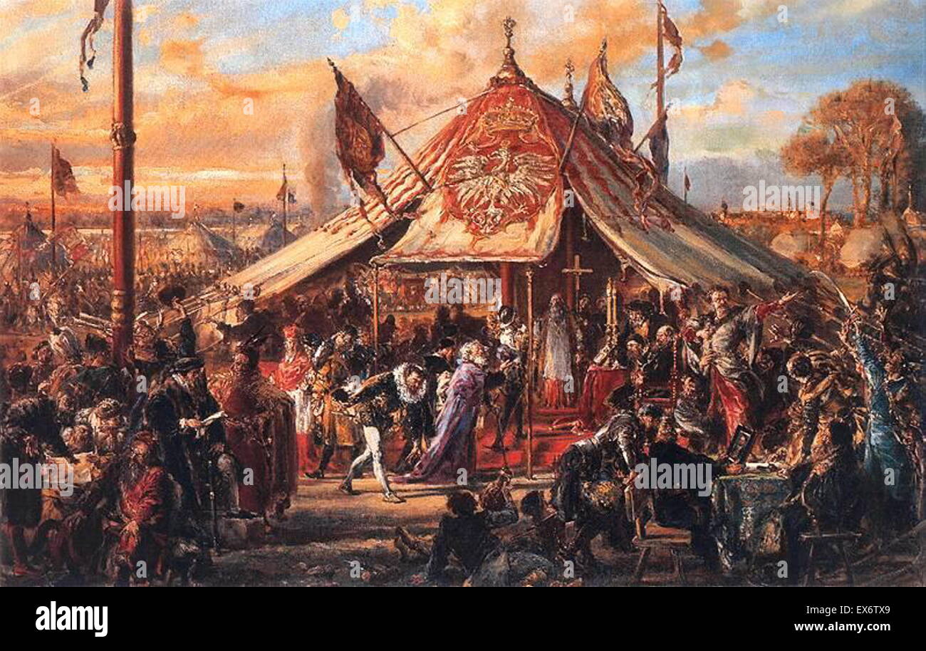 Die Republik auf dem Höhepunkt seiner macht. Goldene Freiheit. Die königliche Wahl von 1573 von Jan Matejko. Goldene Freiheit (lateinisch: Aurea Libertas; Polnisch: Z? Ota Unterwasservegetation??,) wurde ein einzigartiges aristokratisches politische System in Kongresspolen und nach der Vereinigung der Stockfoto