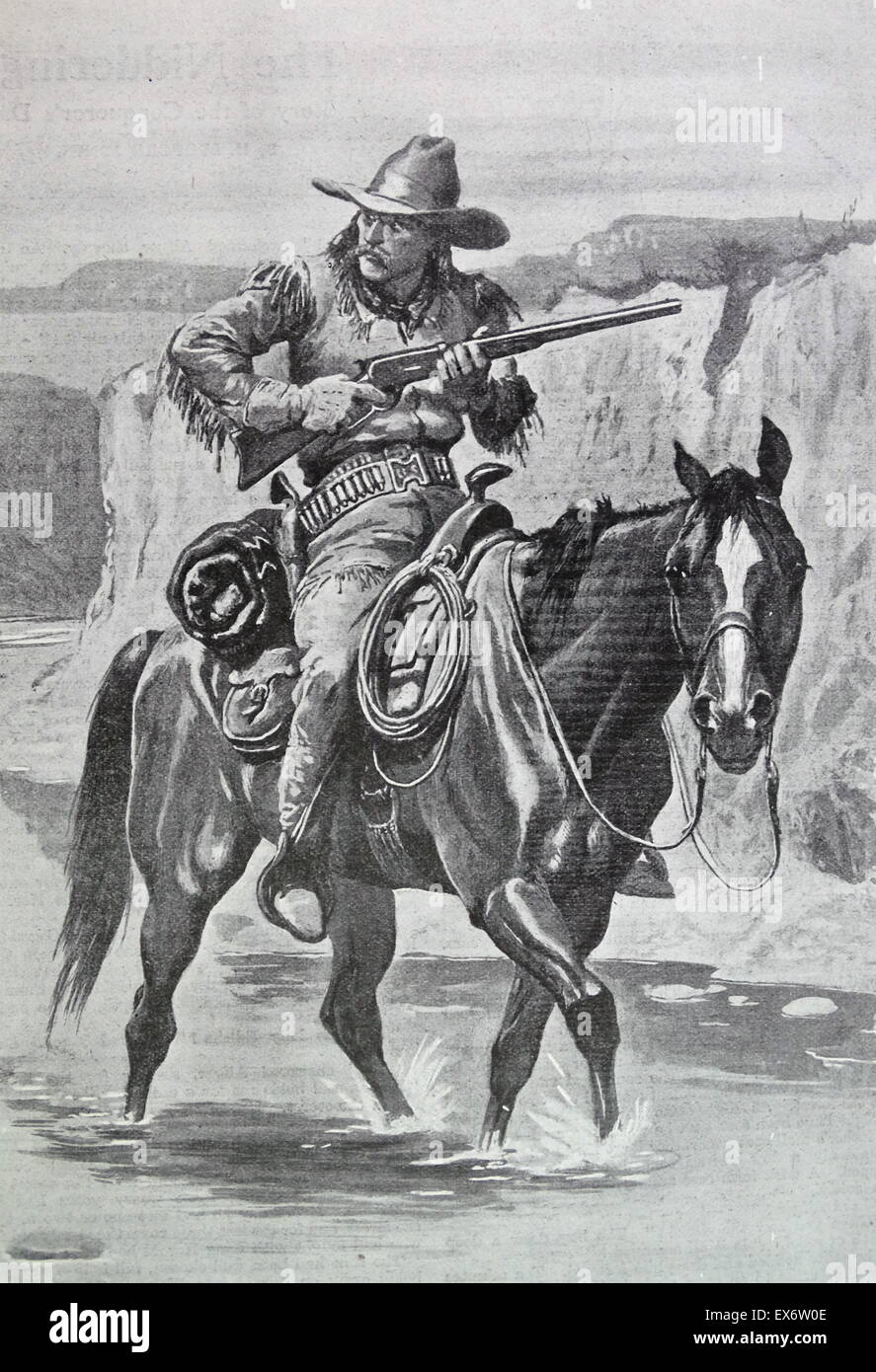 Cowboy mit Gewehr auf dem Rücken der Pferde Stockfoto
