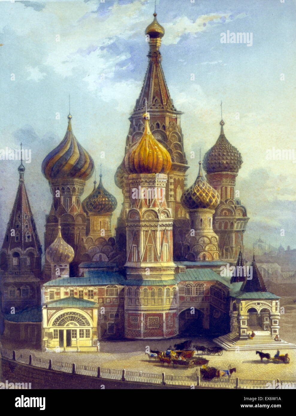 Radierung und Aquatinta, Farbe, mit Hand-Färbung: Ansicht von St. Basil's Kathedrale, Moskau, Russland. 1842 Stockfoto