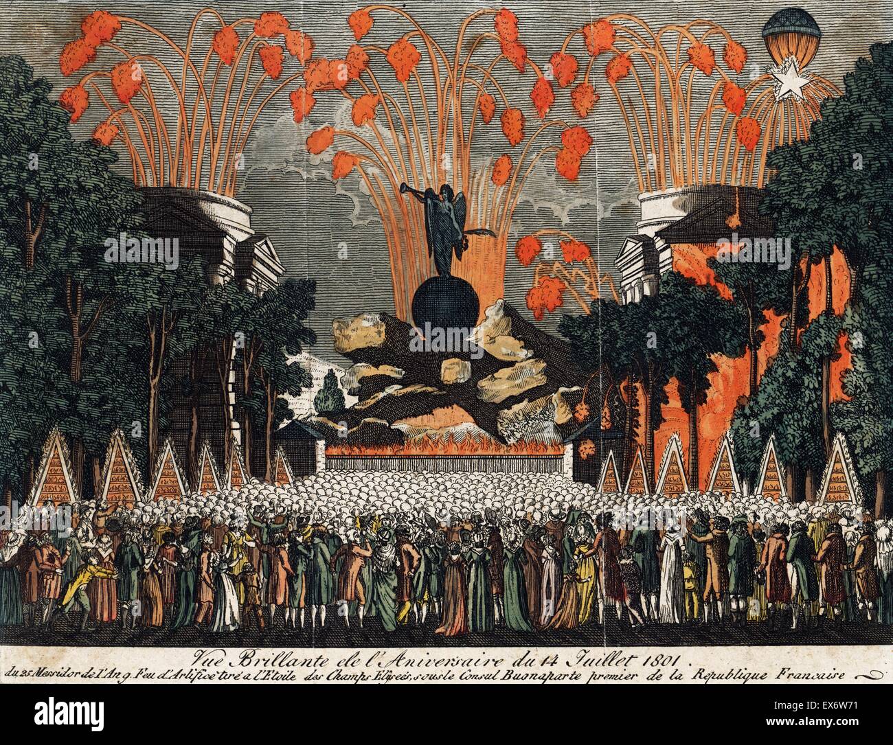 Handkolorierten Radierung Darstellung einer Menschenmenge anzeigen Feuerwerk am Nationalfeiertag feiern in Paris. Datiert 1801 Stockfoto