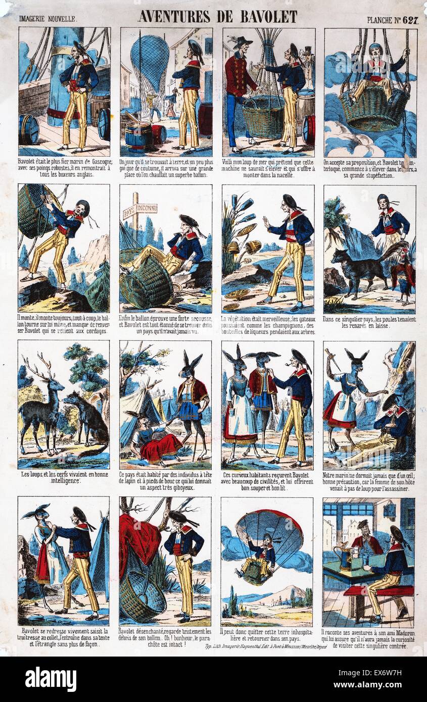 Handkolorierten Comic mit dem Titel "Abenteuer de Baolet". Der Comic zeigt Bavolet, ein Seemann, Reisen mit einem Ballon in ein unbekanntes Land, wo die Tiere wie Menschen Verhalten. Vom 1860 Stockfoto