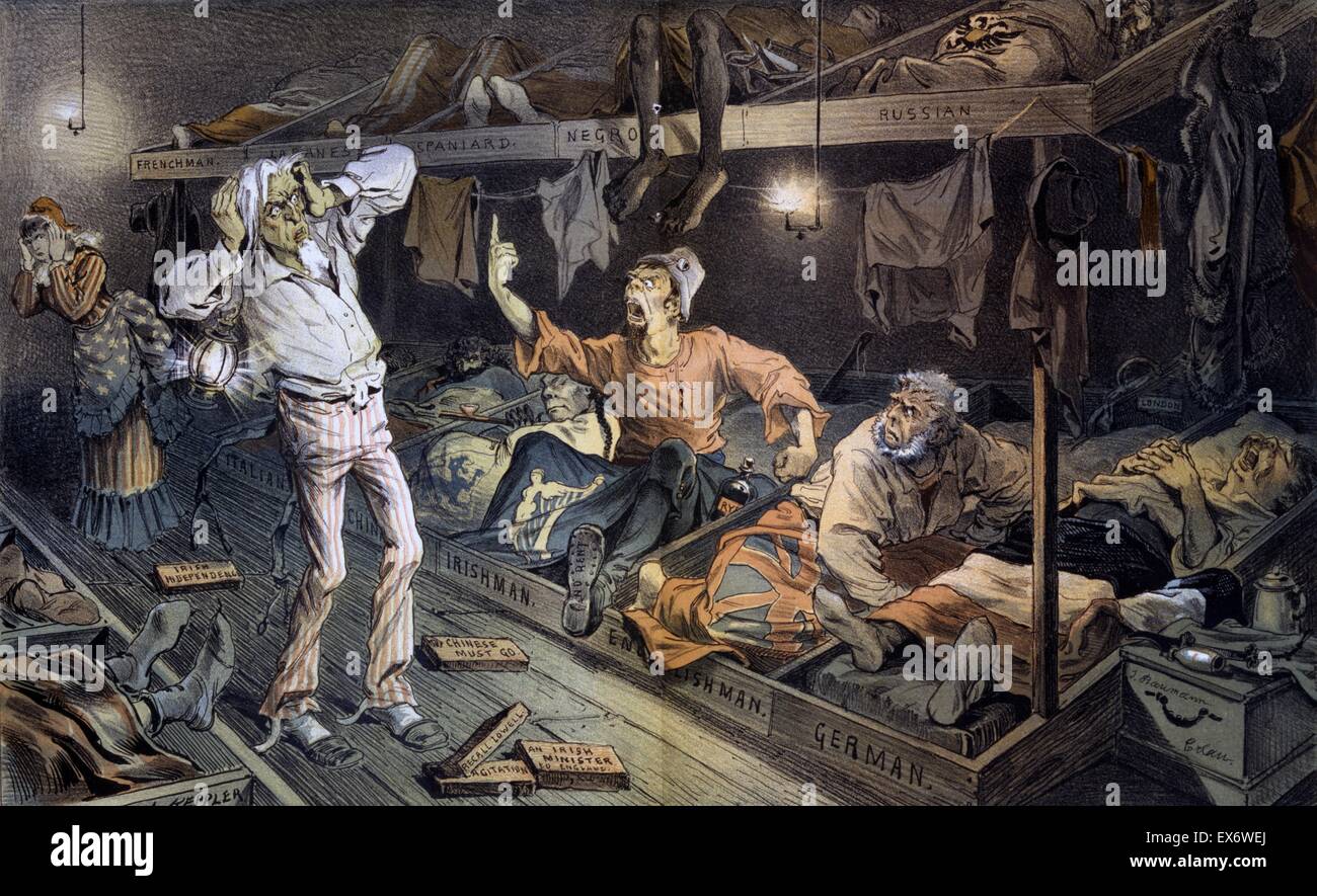 Farblitho Drucken mit dem Titel "Uncle Sam Pension". Druck zeigt ein Ire Konfrontation mit Uncle Sam in einer Pension, gefüllt mit Arbeitern, Einwanderer aus verschiedenen Ländern, die versuchen zu schlafen. Von Joseph Ferdinand Keppler (1838-1894) Po Stockfoto