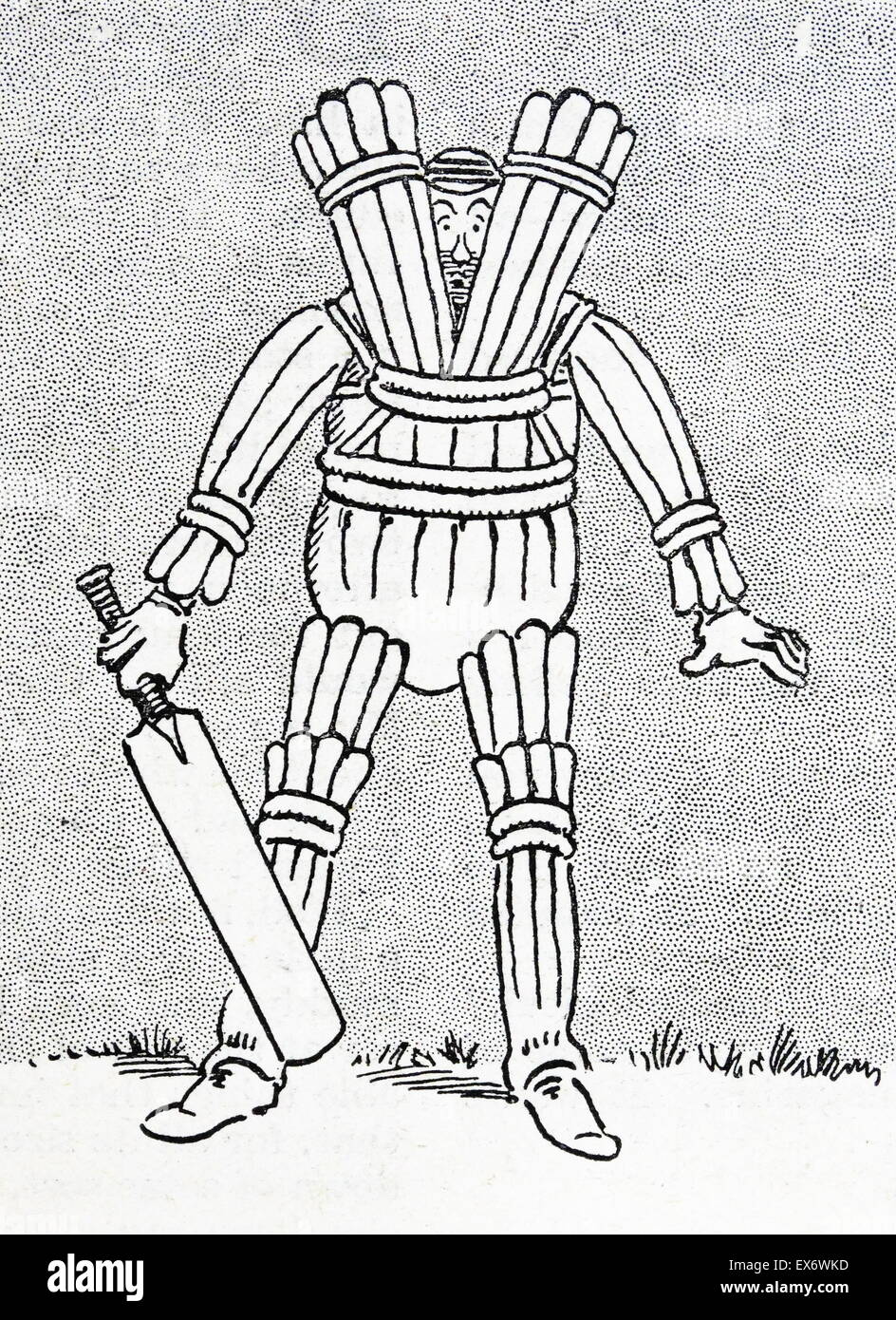 Cartoon über gepolsterte Cricketspieler fördert die Sicherheit im Cricket 1938 Stockfoto