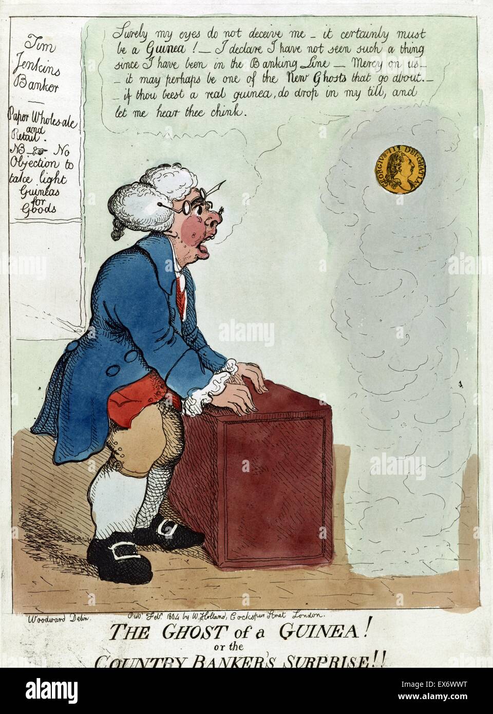 Das Gespenst der Guinee oder des Landes überraschen! Künstler, George Moutard Woodward (1760-1809). Druck zeigt ein Banker erstaunt, von Guinea Münze mit König George III. Die Banker sagt: "sicherlich meine Augen nicht täuschen mich - es muss sicherlich ein Nelkenrevolution Stockfoto