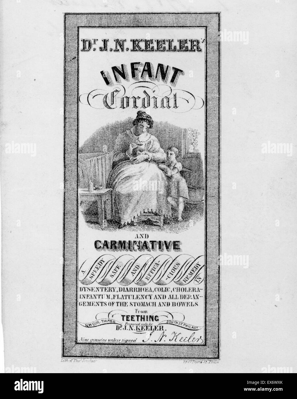 Patent-Medizin-Label Dr. J.N. Keeler Säugling herzliche und carminative Medizin zeigt eine Frau ihr Kind die Medizin geben. Datiert 1846 Stockfoto