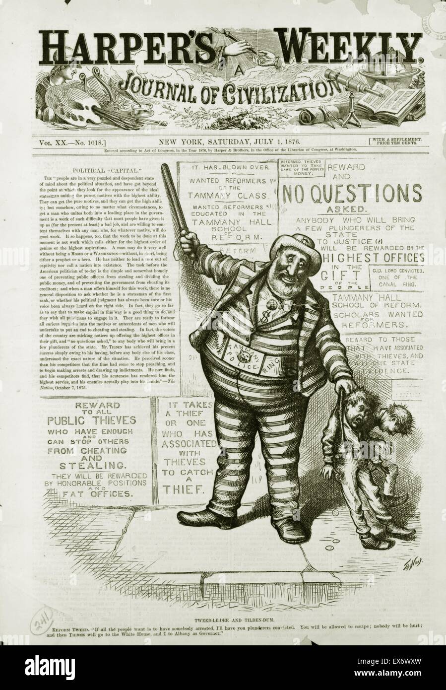 Titelseite der Harpers wöchentlich Juli 1876. Tammany Polizei Kind stiehlt. Dieb zu fangen. von Thomas Nast Stockfoto