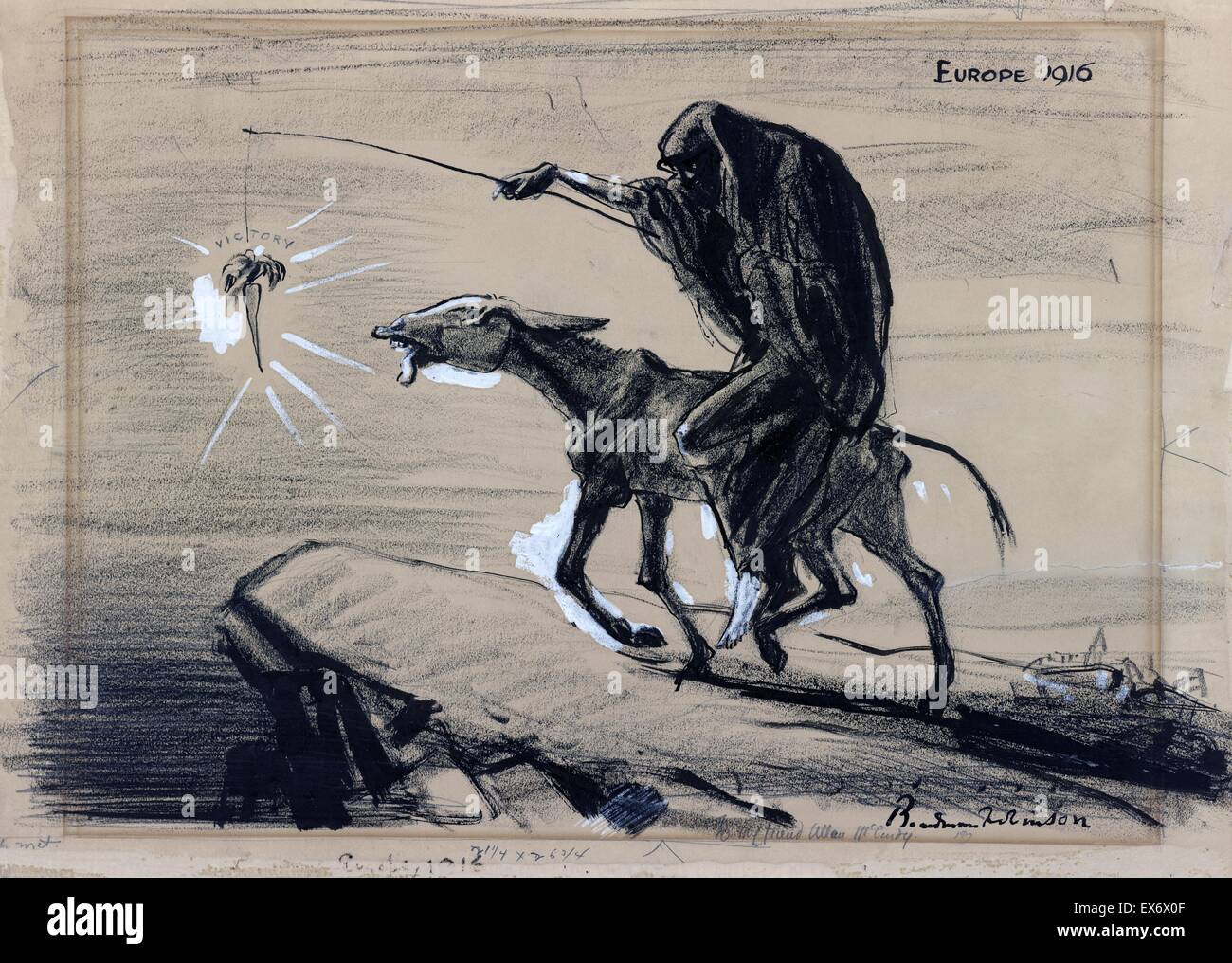 Politische Satire Cartoon Darstellung Tod eine abgemagerte Esel reiten und führt es in Richtung Abgrund baumelt eine Karotte, "Sieg", von einem Stick. Von Boardman Robinson (1876-1952), kanadischer Künstler, Illustrator und Karikaturist. Datiert 1916 Stockfoto