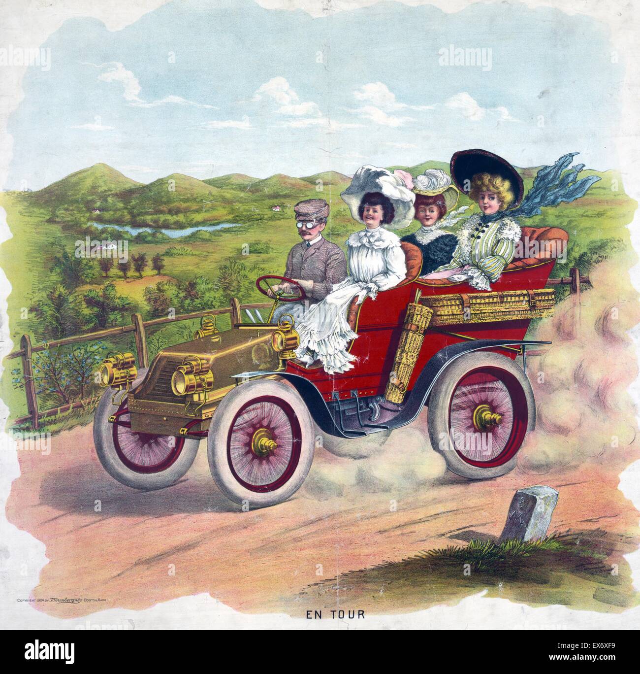 Drei Frauen und ein Mann Reiten ein Auto in dem Land, 1904. Stockfoto