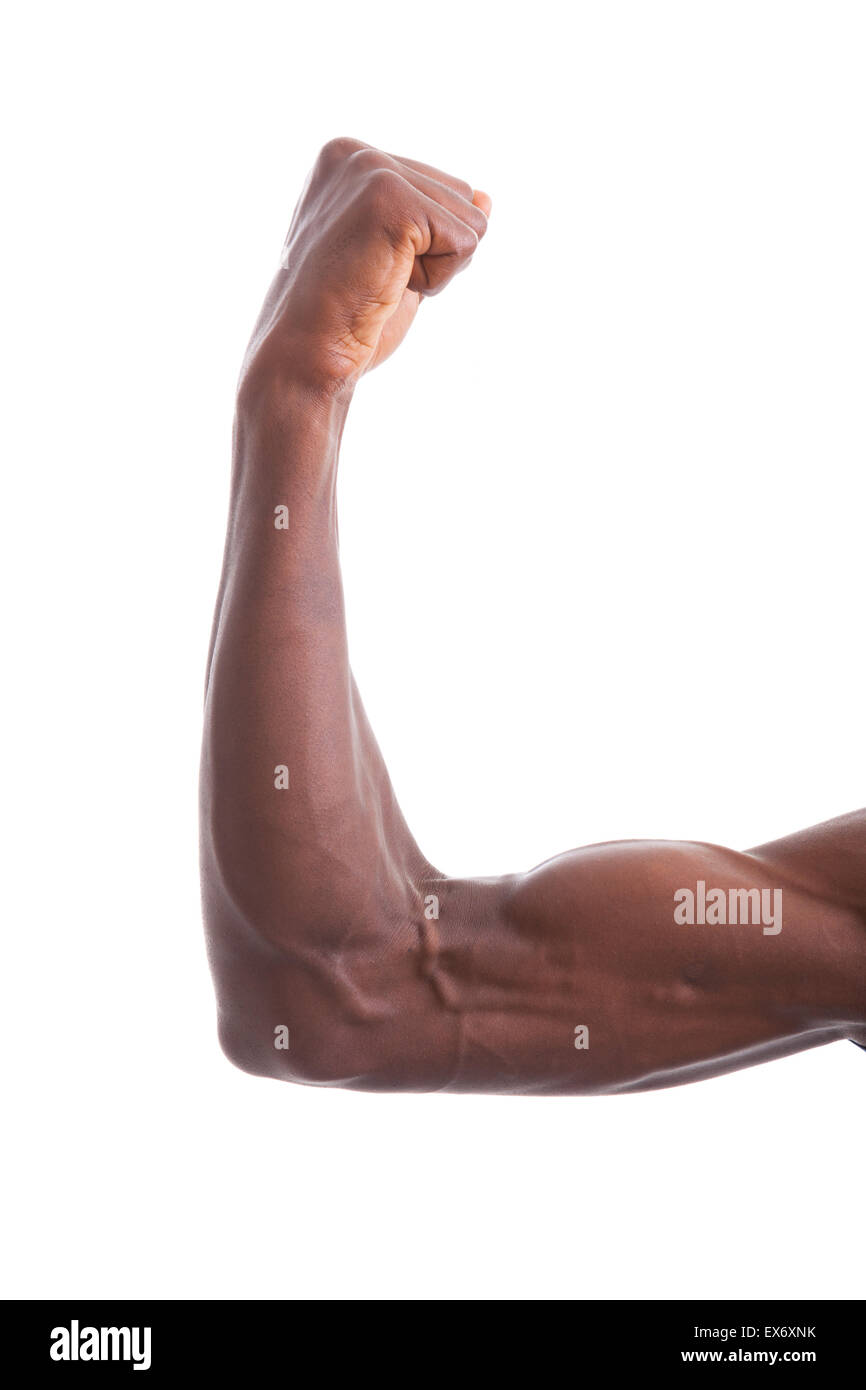 Afrikanische amerikanische junge Männer zeigen Armmuskeln - isoliert auf weißem Hintergrund Stockfoto