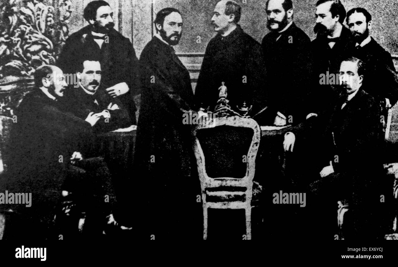 Provisorische Regierung von Spanien 1869. Von links nach rechts: Figuerola, Ruiz Zorrilla, Sagasta, Prim, Serrano, Topete, López de Ayala, Lorenzana y Romero Ortiz. Der Glorious Revolution (Spanisch: La Gloriosa) fand in Spanien im Jahre 1868 Stockfoto