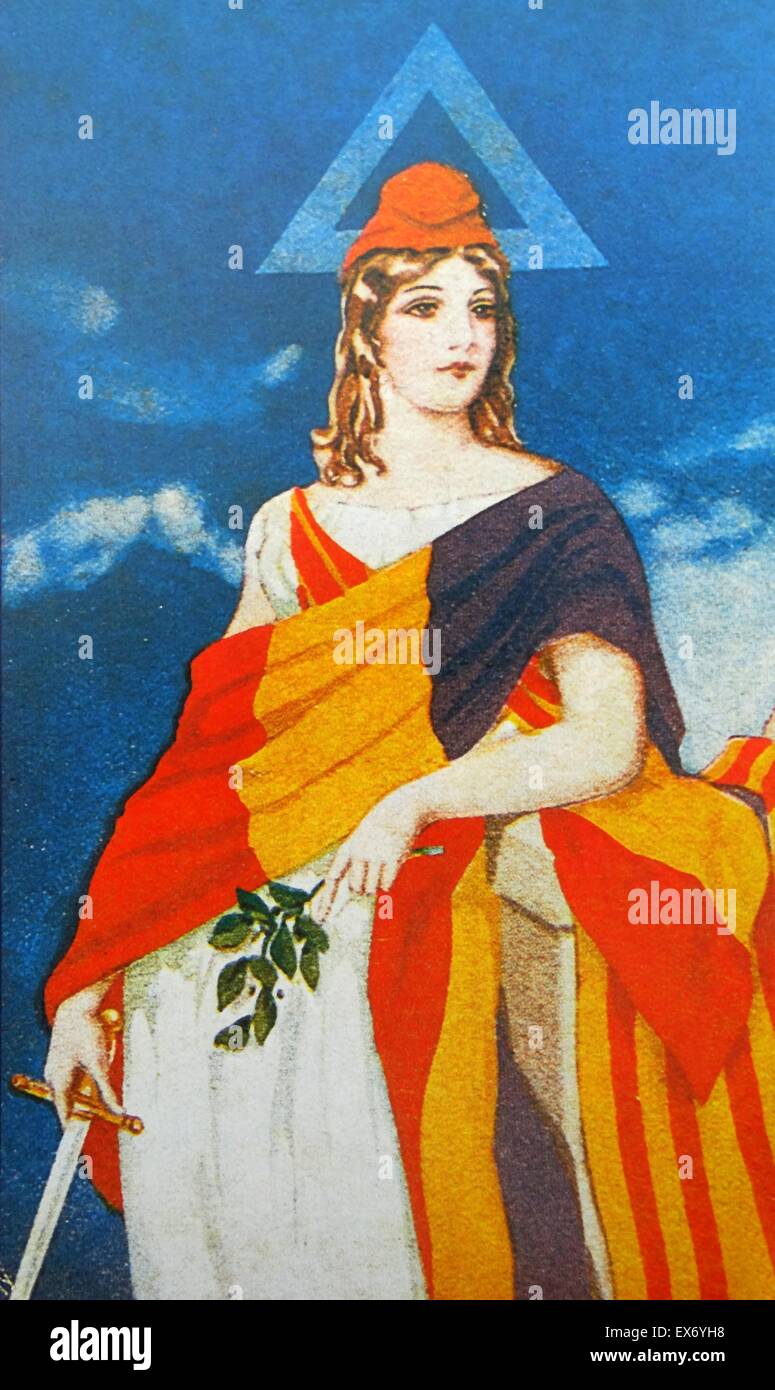 Marianne, nationales Symbol der französischen Republik, eine Allegorie der Freiheit und Vernunft, und eine Darstellung der Göttin der Freiheit dient auf einer spanischen Republikaner Postkarte von 1931 Stockfoto