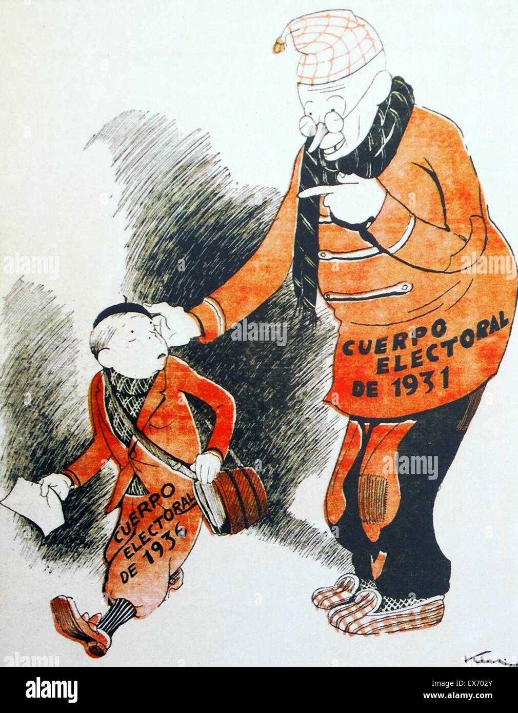 Politische Karikatur vergleicht die 1931 und 1936 spanischen Parlamentswahlen veröffentlicht 1936 Stockfoto