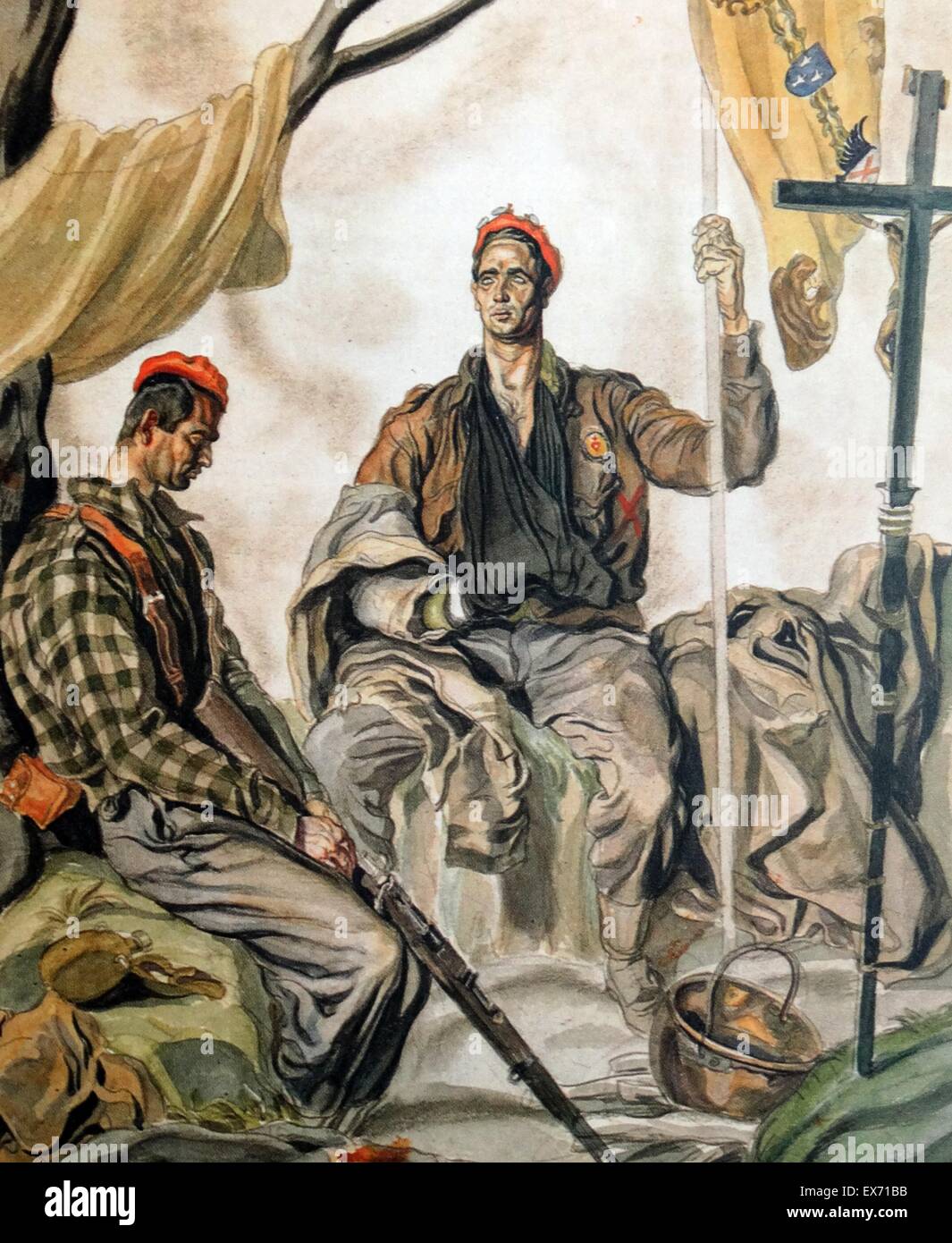 Zwei Carlist Soldaten Illustration von der nationalistischen spanischen Bürgerkrieg Künstler, Carlos Sáenz de Tejada Stockfoto