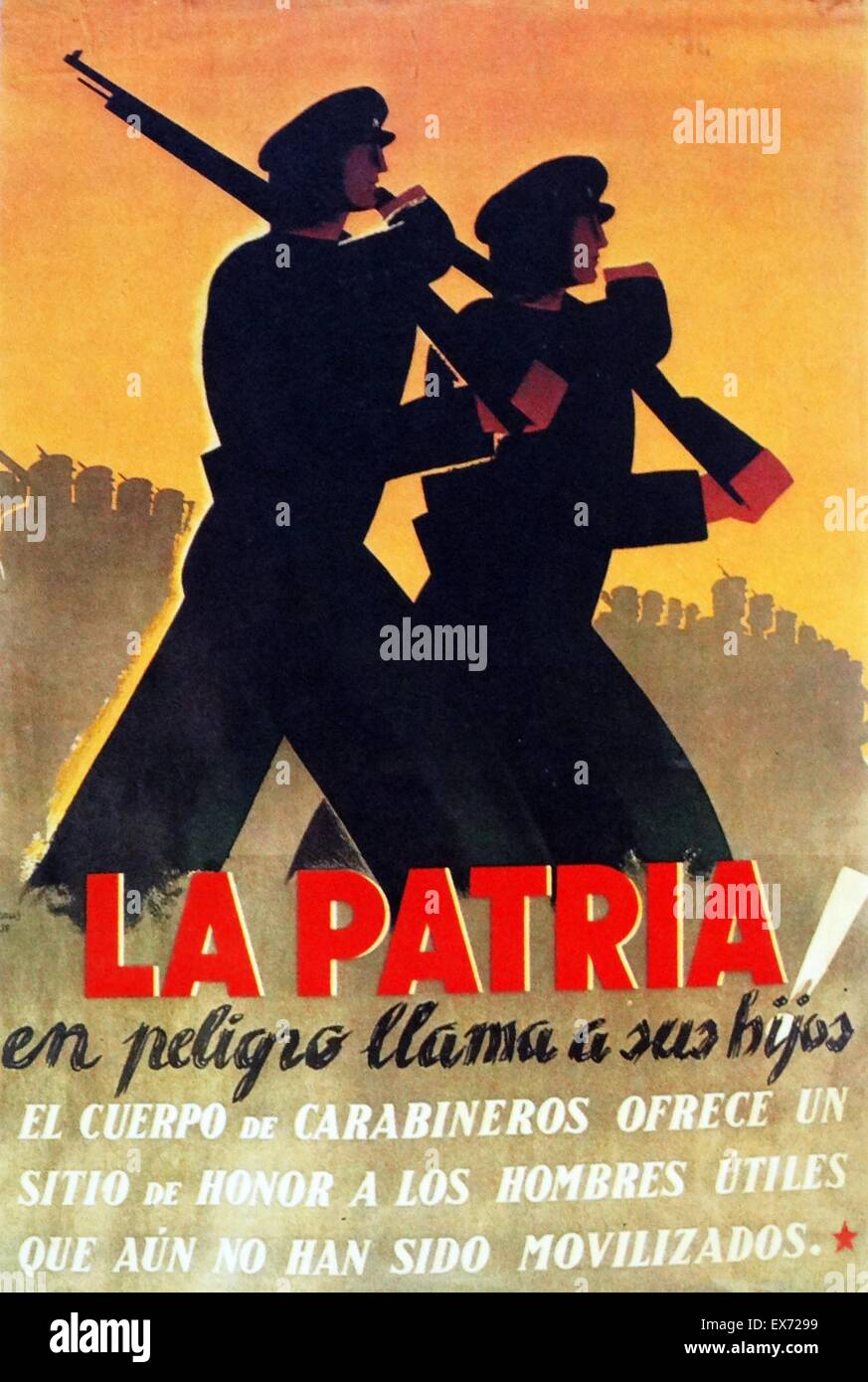 Spanischen Bürgerkrieg Propagandaplakat: "La Patria de Peligro Lama ein Su Hijo" (die Heimat in Gefahr ruft ihren Sohn). Zeigt eine Sillhouette der republikanischen Grenzwächterinnen und Grenzwächter 1936 Stockfoto