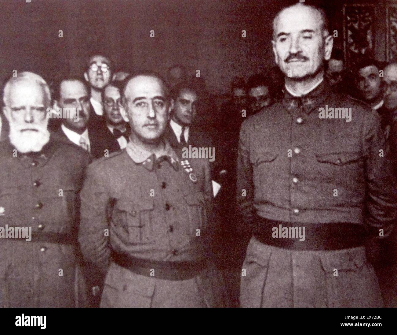 von links nach rechts: Miguel Cabanellas Ferrer (1. Januar 1872, Cartagena – 14. Mai 1938), Francisco Franco 1892-1975 und Gonzalo Queipo de Llano (1875 – 1951) während des spanischen Bürgerkriegs. Stockfoto