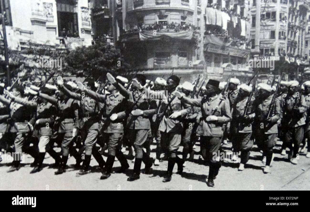 Truppen; Armee; Soldaten; nationalistische; koloniale; Arabische; Spanisch; Marokko; März; Madrid; Spanischer Bürgerkrieg; zu besiegen; Sieg Stockfoto