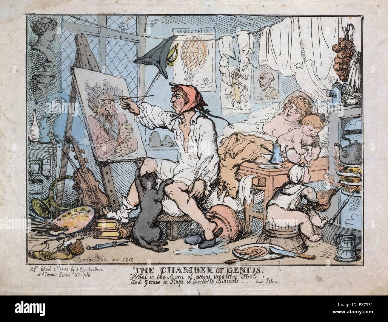 Die Kammer des Genius 1812. von Thomas Rowlandson, 1756-1827, Künstler. Radierung, handkoloriert. Britischen Cartoon zeigt einen Künstler tragen Nachthemd und ein Bild in seinem Zuhause oder im Studio während seine Frau, Kinder und eine Katze werden vernachlässigt. Unter den pictu Stockfoto