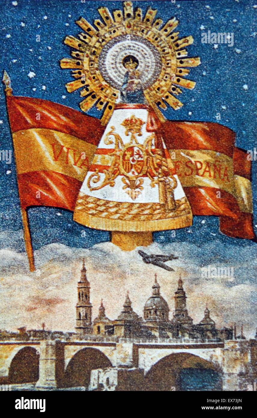 Nationalistische Ansichtskarte ein Bild der Jungfrau Maria und die Flagge von Spanien, während des spanischen Bürgerkriegs Stockfoto