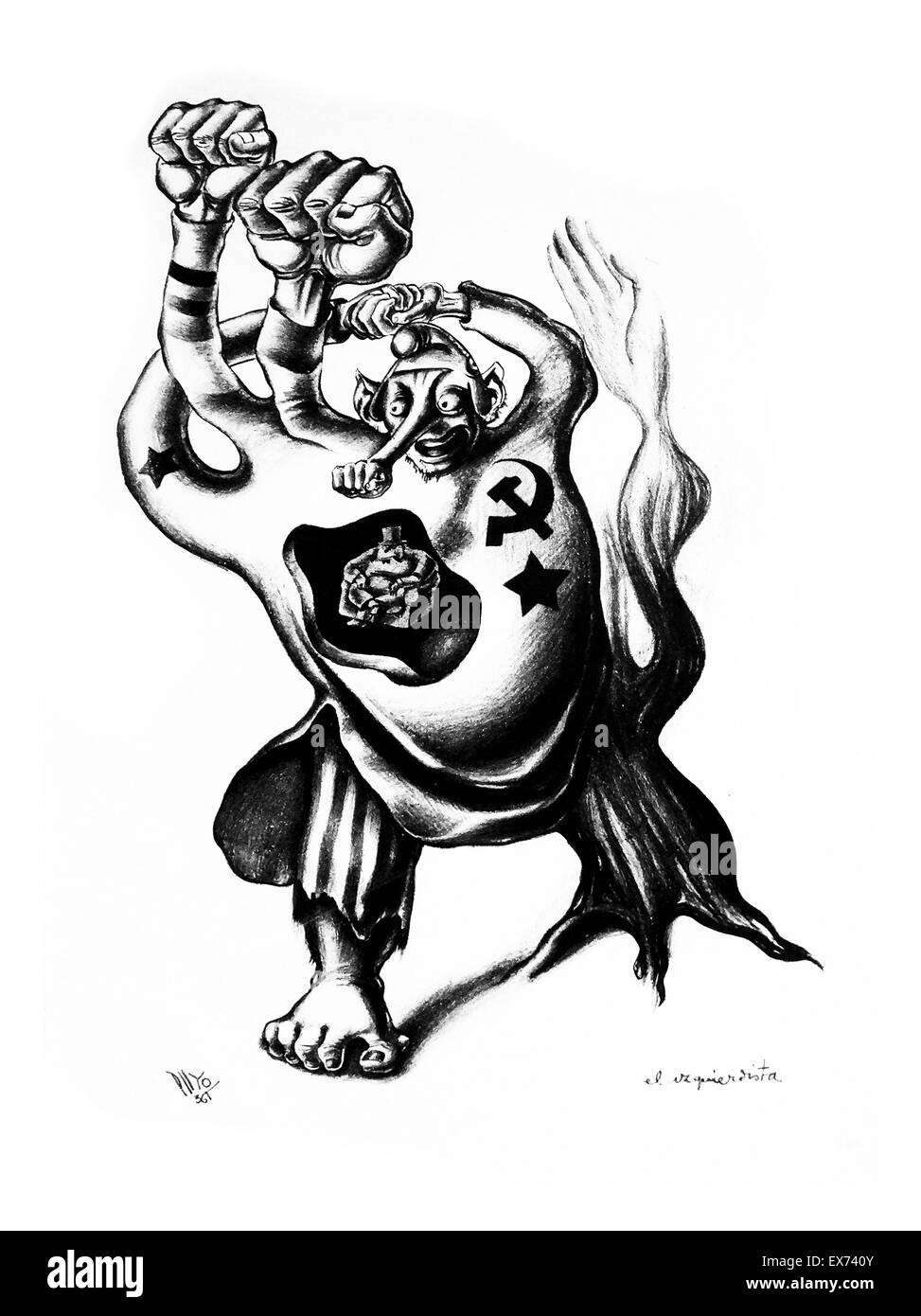 "Linker" durch Ramón Puyol, zeigt einen geflügelten Engel mit acht Mund schweben durch die Luft. Es besagt, dass ein auf Leben und Tod gegen Gerücht, während des spanischen Bürgerkriegs Krieg Stockfoto