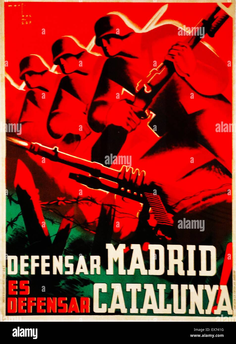 Defensar Madrid es Defensar Catalunya!; Um Madrid zu verteidigen ist Catalonia zu verteidigen. Spanischen Bürgerkrieg Propagandaplakat von Marti Bas, geboren 1910 - starb 1966 (Künstler). Martí Bas gehoerte der SDP (Syndicate of Professional Designers), eine pro-republikanische Gruppe Stockfoto