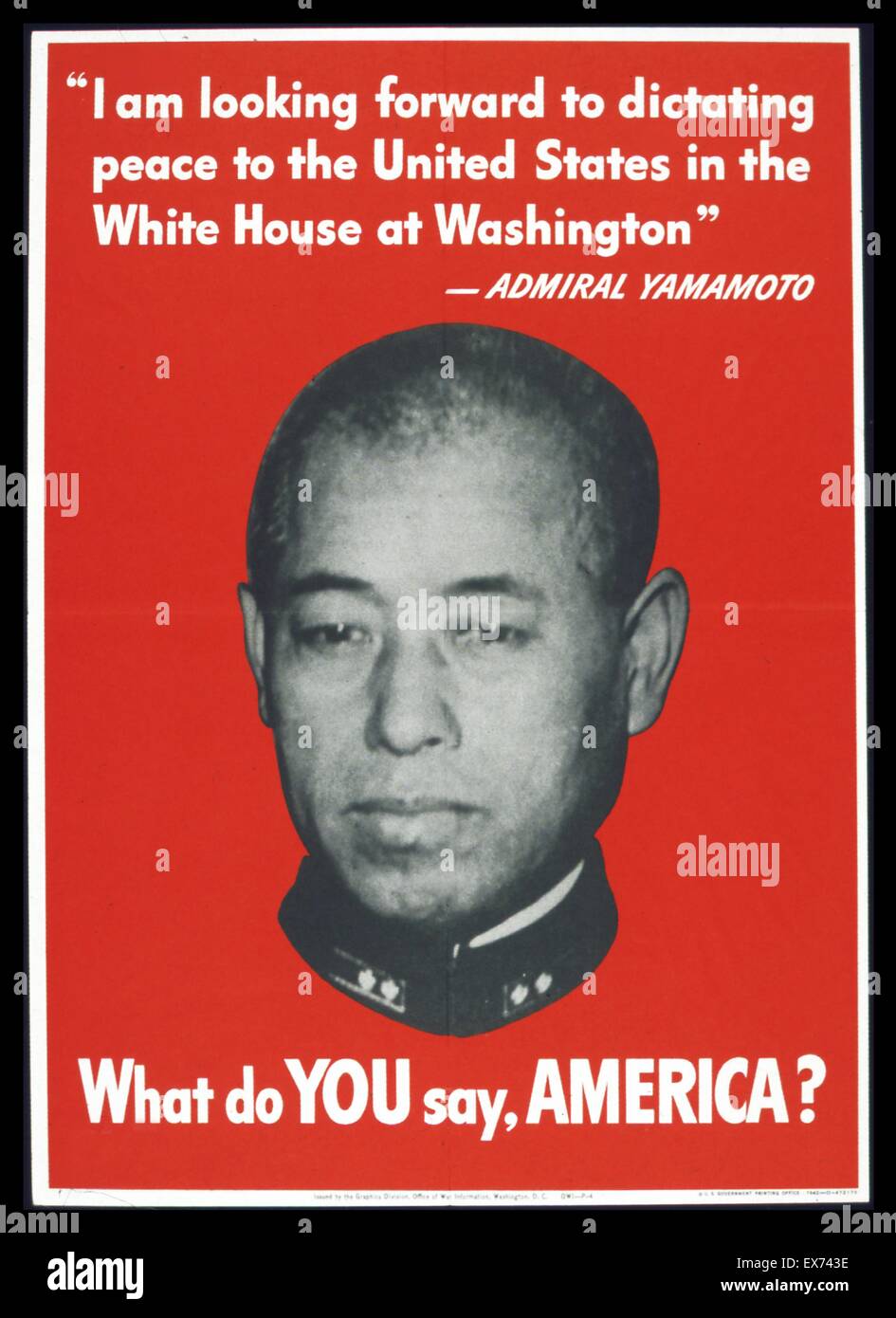WAS SAGEN SIE AMERIKA? (Admiral Yamamoto) auf einem amerikanischen Anti-japanischen Propaganda Poster 1942. Zweiter Weltkrieg Stockfoto
