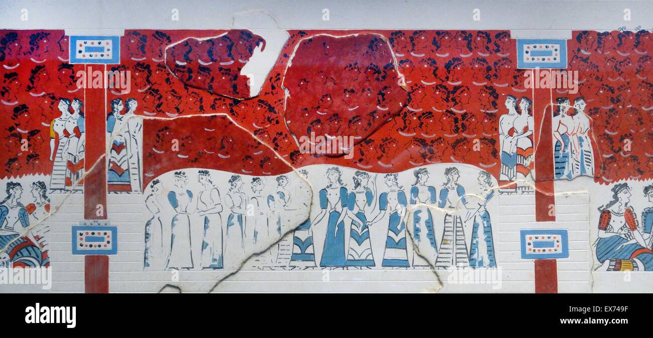 Kopie des minoischen Wandmalereien. Die ursprünglichen, vermutlich aus in der Nähe der nordwestlichen Ecke des Central Court bei Knossos, Griechenland. Knossos ist die größte archäologische Stätte der Bronzezeit auf Kreta und gilt als die älteste Stadt Europas. Der Palast war abando Stockfoto