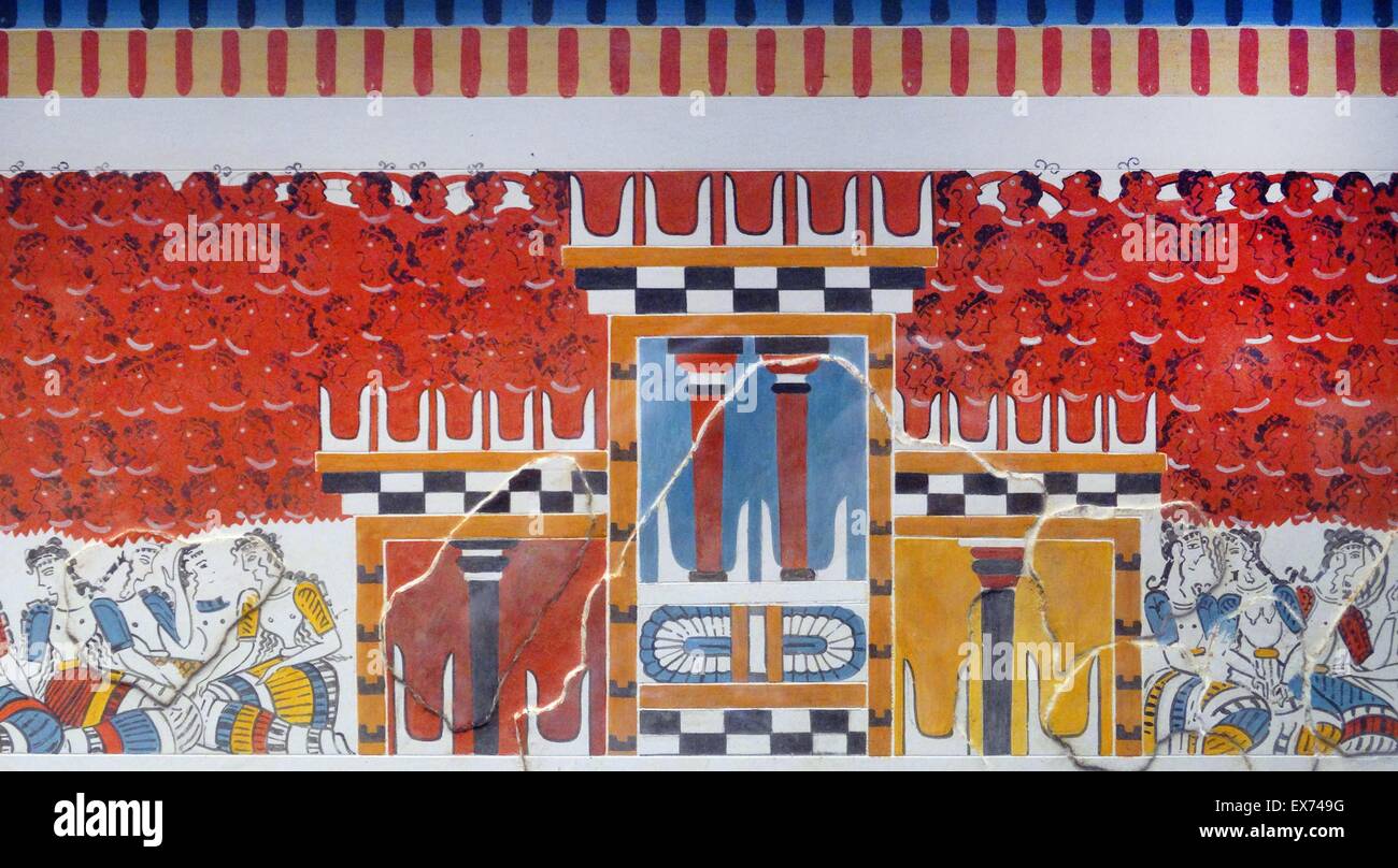 Kopie des minoischen Wandmalereien. Die ursprünglichen, vermutlich aus in der Nähe der nordwestlichen Ecke des Central Court bei Knossos, Griechenland. Knossos ist die größte archäologische Stätte der Bronzezeit auf Kreta und gilt als die älteste Stadt Europas. Der Palast war abando Stockfoto