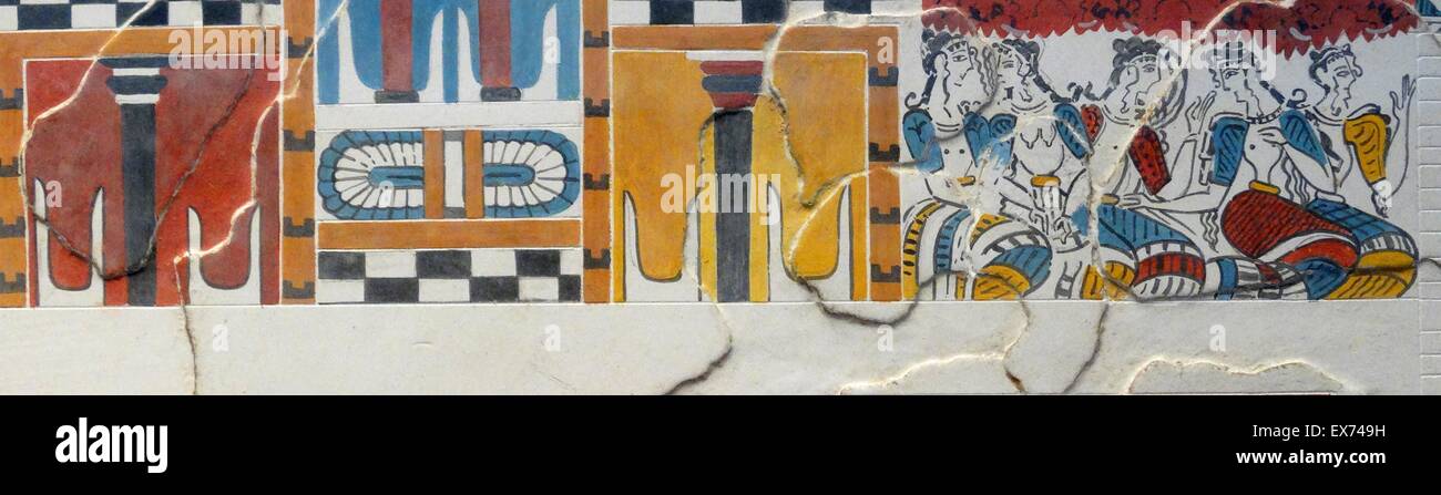 Kopie des minoischen Wandmalereien. Die ursprünglichen, vermutlich aus in der Nähe der nordwestlichen Ecke des Central Court bei Knossos, Griechenland. Knossos ist die größte archäologische Stätte der Bronzezeit auf Kreta und gilt als die älteste Stadt Europas. Der Palast war abando Stockfoto
