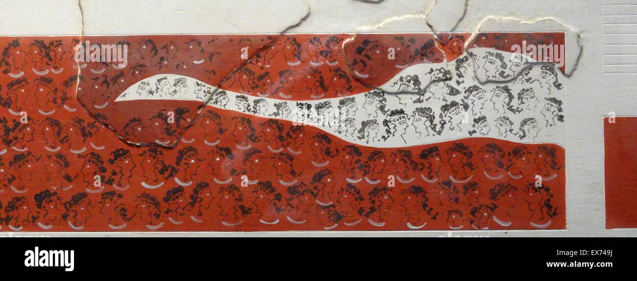 Kopie des minoischen Wandmalereien. Die ursprünglichen, vermutlich aus in der Nähe der nordwestlichen Ecke des Central Court bei Knossos, Griechenland. Knossos ist die größte archäologische Stätte der Bronzezeit auf Kreta und gilt als die älteste Stadt Europas. Der Palast war abando Stockfoto