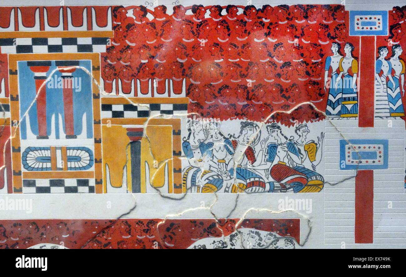 Kopie des minoischen Wandmalereien. Die ursprünglichen, vermutlich aus in der Nähe der nordwestlichen Ecke des Central Court bei Knossos, Griechenland. Knossos ist die größte archäologische Stätte der Bronzezeit auf Kreta und gilt als die älteste Stadt Europas. Der Palast war abando Stockfoto